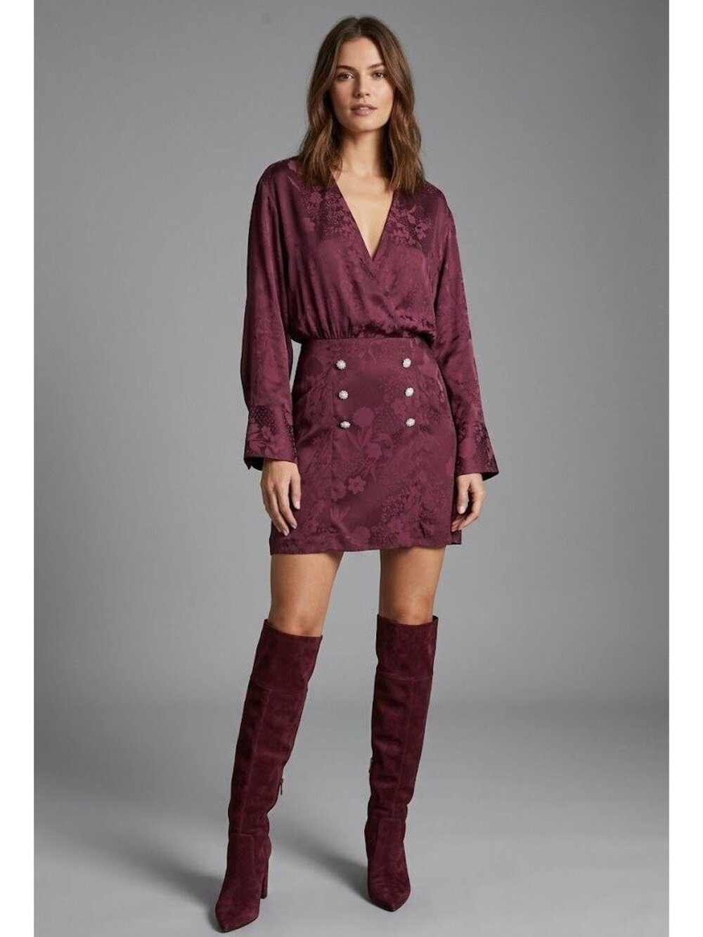 Zara 80's Floral Silky M-L V-Neck Belted Jacquard Mini Dress Bordeux